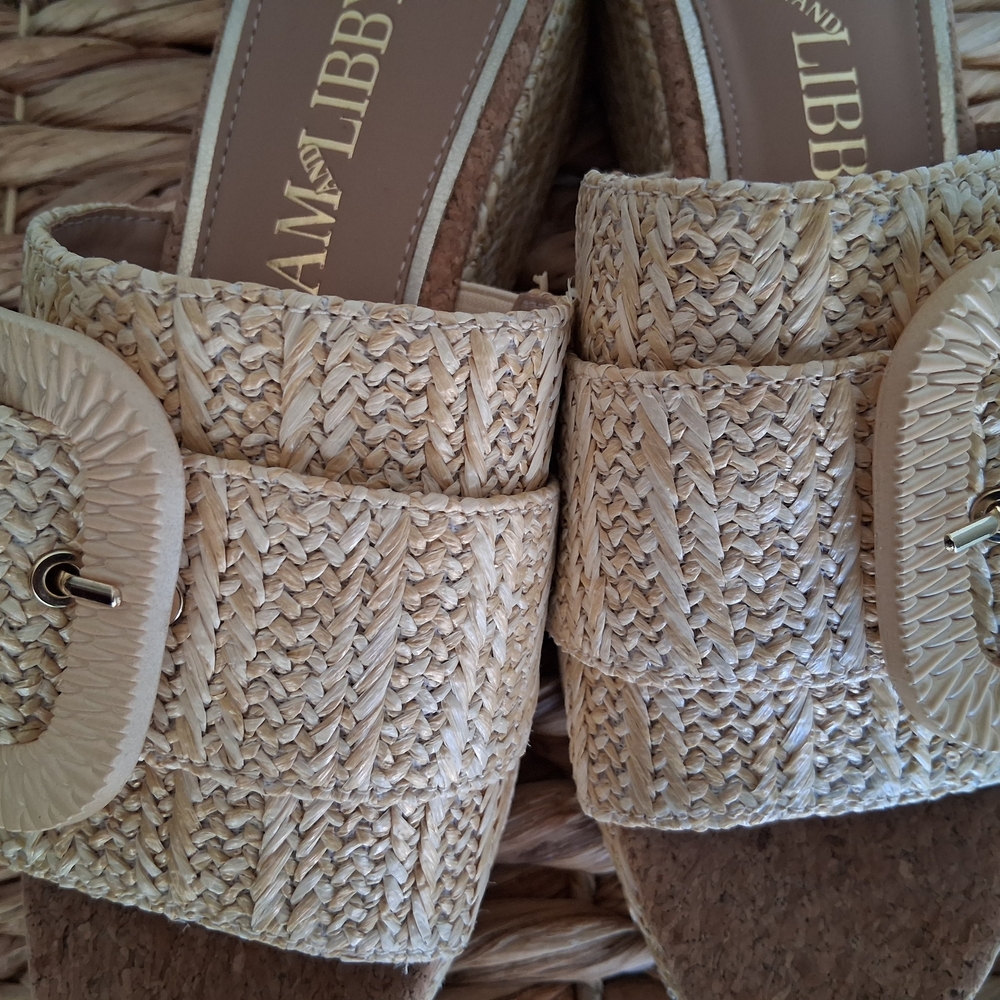 SAM AND LIBBY  Sz 9 Wedge Natural Raffia Slide Sandals - Beige - Picture 3 of 7